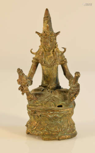 Southeast Asian Bronze Seated Deity with Green Patina