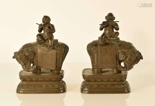 Pair Chinese Bronze Boy on Elephant