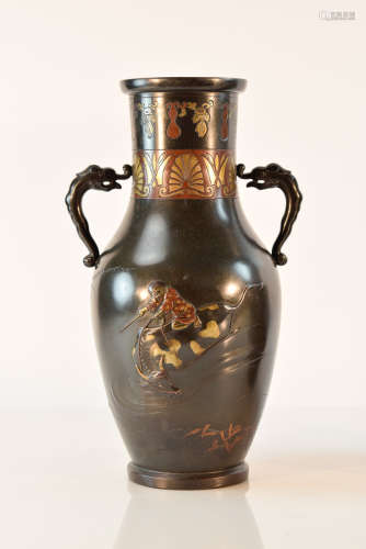 Pair Japanese Mixed Metal Vases with Boy Riding Ox Scene