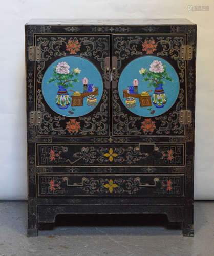 Chinese Lacquer Cabinet with Cloisonné Plaque