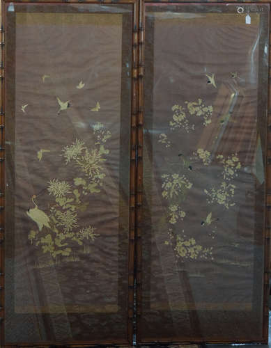 Pair Chinese Framed Embroidery Panel with Bird Scene