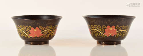 Pair Chinese Lacquered Bowl with Lotus Scene