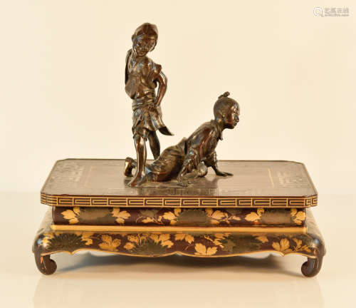 Japanese Bronze Figurine Group on Lacquer Stand