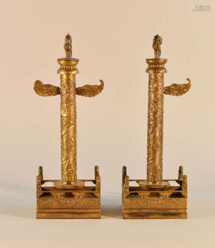 Pair Chinese Gilt Bronze Model of Monument
