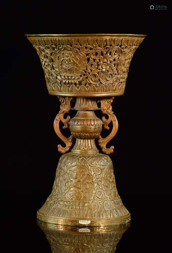 Mongolian Tibetan Butter Lamp 19th cen with Buddha Scene