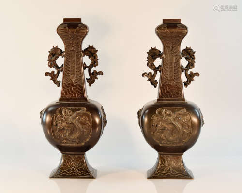 Pair Chinese Bronze Vase with Dragon Scene