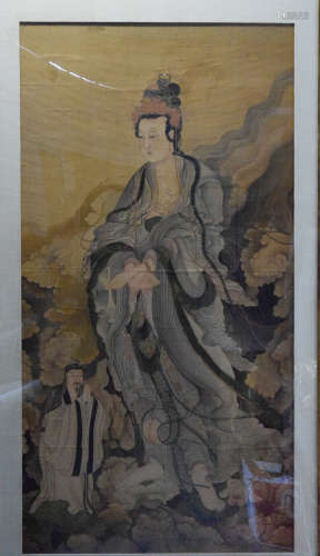 Large Chinese Painting of Kuanyin and Attendant