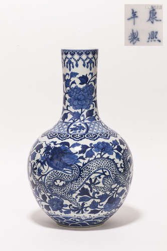 18th Chinese Antique Blue&White Porcelain Vase清康熙 青花龍紋瓶