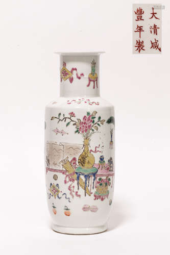 19th Chinese Antique Rose Famille Porcelain Vase清咸豐 粉彩博古棒槌瓶