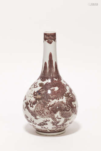 18th Chinese Antique Red Porcelain Vase清 釉里紅雲龍紋長頸瓶