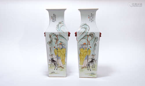 Pair of Tall Chinese Antique Light Reddish Porcelain Vase晚清民國 淺絳彩四方大瓶一對