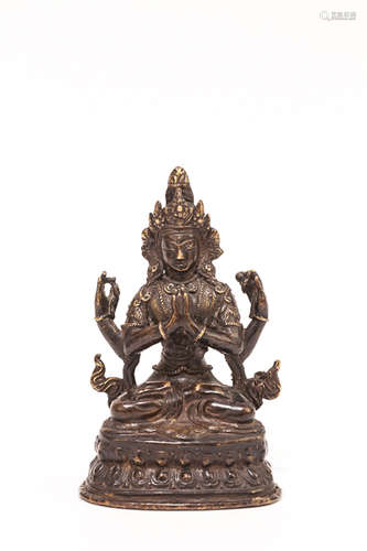 Chinese Antique Gilt Bronze Figure: Four armed Gwan Yin/Avalokiteshvara清代中期 銅四臂觀音