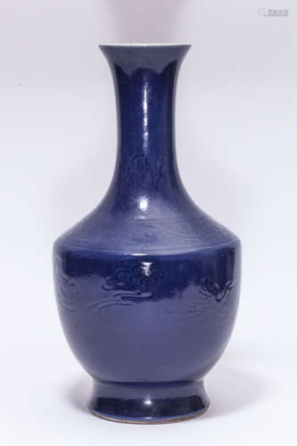 Chinese Antique Blue Glazed Porcelain Vase清 薺藍釉 刻松樹紋瓶