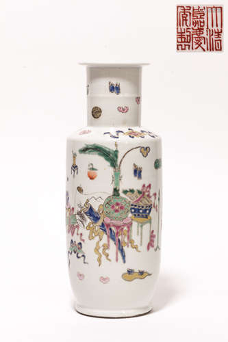 19th Chinese Antique Rose Famille Porcelain Vase清嘉慶款 粉彩暗八仙棒槌瓶