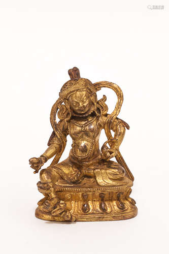 18-19th Chinese Antique Gilt Bronze Tibetan Figure: Yellow Jambahala清 銅鎏金黃財神像