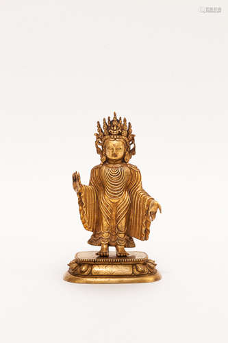 18-19th Tibetan Antique Gilt Bronze Buddha Figure 清 銅鎏金披肩大佛