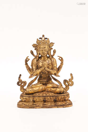 19th Tibetan Antique Gilt Bronze  Figure of Buddha:Avalokiteshvara清 四臂觀音