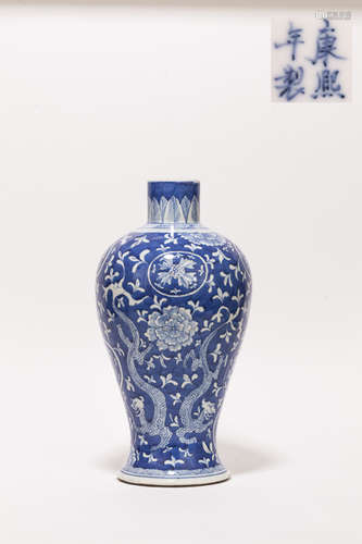 18th Chinese Antique Blue&White Porcelain Vase清康熙 青花龍紋花卉大瓶