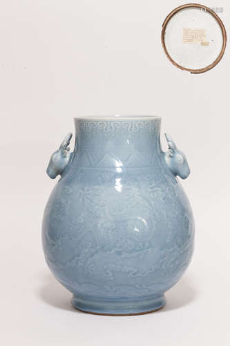 19th Chinese Antique Lavender-Glazed Porcelain Jar清道光 天藍釉仿古鹿耳尊