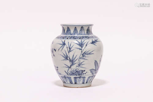 Chinese Antique Blue&White Porcelain Jar明末清初 歲寒三友青花小罐