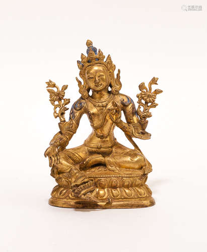 19th Chinese Antique Gilt Bronze Figure: Budhisattva Tara (Green)清 銅鎏金度母像