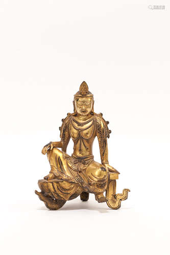 Chinese Tibetan Antique Gilt Bronze Figure: Gwan Yin/Avalokiteshvara清晚期 銅鎏金菩薩像