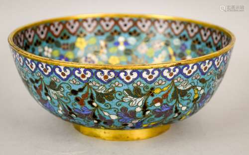 Cloisonné bowl. China. 17th century. Decoration of gourd plants on a turquoise ground. Ju-I borders. 7-1/2