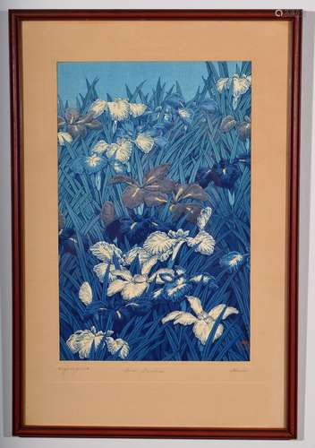 Rare Hasui Woodblock Print. Irises. Framed and Glazed. Pencil signed.