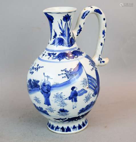 Porcelain ewer. China. Transitional period (1621-1624). Underglaze blue decoration of a scholar with attendant in a landscape. Tulip motif at the neck. Old label on the base reading 1650. 8-3/4