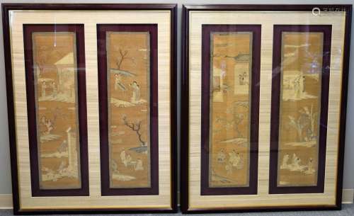 Four tapestry weave panels. China. 19th century. K'ossu scene of figures in gardens on a gold ground. Each 40