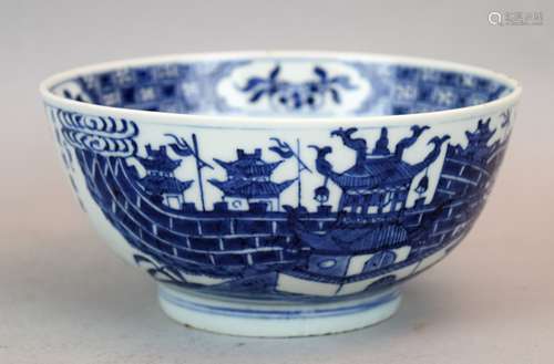 Porcelain bowl. China. Ming Period (1368-1644). Underglaze blue decoration of a port scene and inscription. Yung Lo mark on the interior. Shop mark on the base. 6