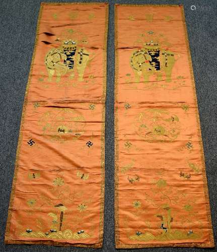 Pair of Chinese Apricot embroidered silk panels. Damage and losses. 65