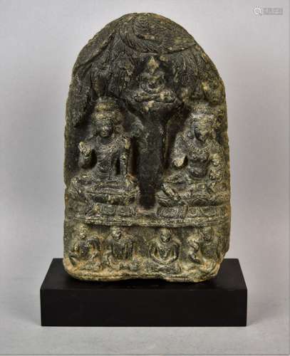 Gandharan sculpture. Grey shist. 1c BC -2nd AD. Scene of The mother and father with the infant Buddha. The future Buddha in a baddhi tree above. 8-1/2