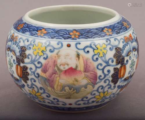 Porcelain bowl. China. Hsuang Tung mark (1908-1912) and of the period. Begging bowl form. Underglaze blue with Famille Rose enamels with roundels of Immortals holding peaches and butterflies and melons. 6