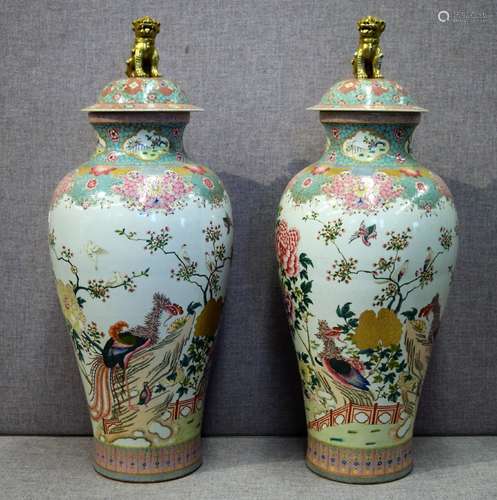 Pair of large covered jars. China. 20th century. Famille rose decoration of phoenixes and peonies. Brocade borders. Lids with gilt foo dogs. 30