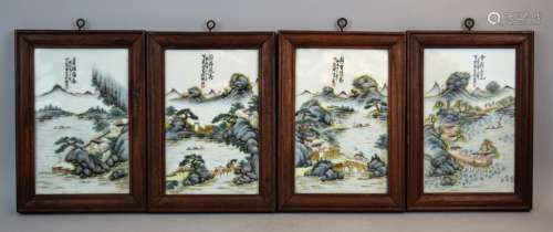 4 porcelain plaques. China. Republican period, circa 1930. Famille Verte landscapes with inscriptions. Rosewood frames. 8