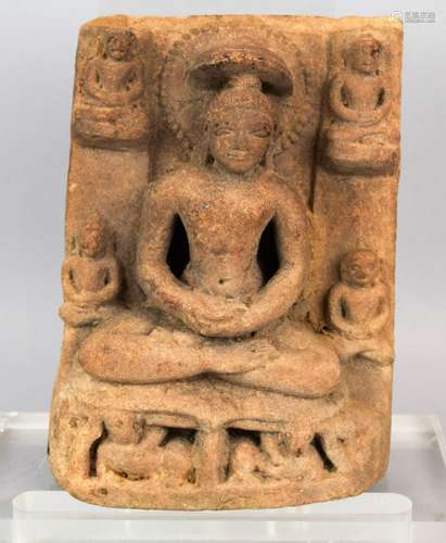 Red sandstone sculpture . N. India. 11th-13th c AD. Jain image of a Jina with four devotees. 8