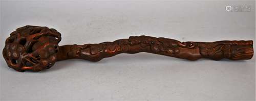 Burlwood Scepter. China. 19th century. Ju-I carved with pine boughs and squirrels. 15