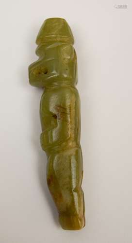 Jade carving. China. 19th century. Green stone with calcified areas. Carving of an anthropromorphized tiger. 3-1/4