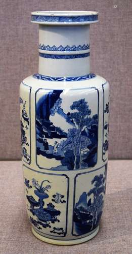 Porcelain vase. China. 19th century. Roleau form. Underglaze blue decoration of reserves of The Hundred Antiques and Landscapes. 19