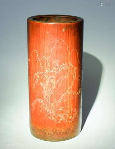 Bamboo brush pot. China. 19th century. Surface engraved with a landscape. Spink label on the base. 5-3/4