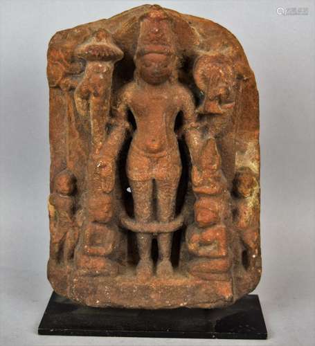 Red sandstone sculpture. N. India. 11th-13th c. AD. Standing figure of Vishnu with devotees. 8-1/2