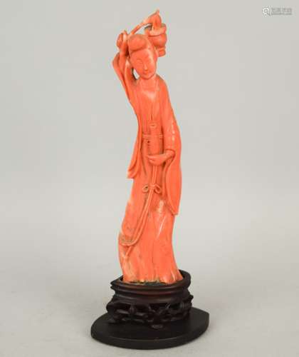 Coral carving. China. 19th century. Figure of the Goddess of Mercy. Kuan Yin. Deep salmon colour. 7-1/4