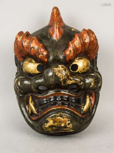 Papier Mache mask. Japan. Meiji period (1868-1912). Demon with surfaces lacquered black, red and gold. 11-1/2