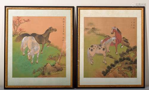 Lot of ten. Early 20th century Chinese watercolor paintings on silkd with seals and signatures. Seven depicting horses in various naturalistic landscape settings, and three depicting Bengelese tigers. Framed in gilt and ebonized frames.  Sight size:   11