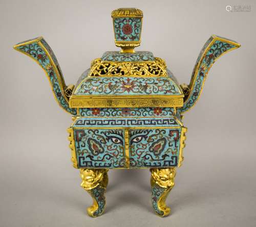 Cloisonné censer. China. 20th century. Rectangular form. Animal form feet and 