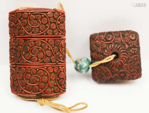 Inro set. Japan. 19th century. Carved cinnabar lacquer with a pattern of foliage. Matching netsuke (loss). Inro- 2-1/2