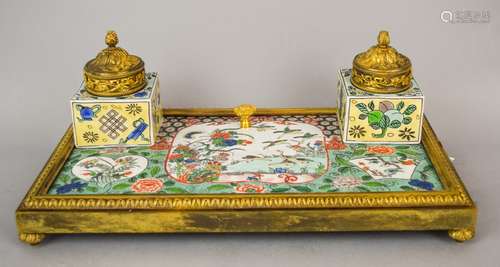 Desk Set. French. Late 19th - early 20th century. Samson ware. Chinoisserie style decoration in the Famille Verte palette. Armulu mounts. 13-1/2