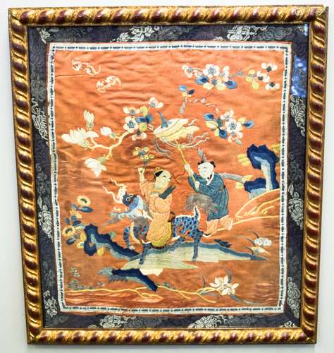 Embroidery. China. 19th century. Children playing with a kylin in a landscape. Orange ground. 17