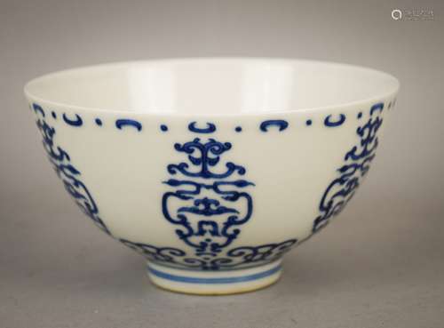 Porcelain bowl. China. Early 20th century. Underglaze blue decoration of highly stylized Shoo characters. Yung Cheng mark on the base. 5-1/4